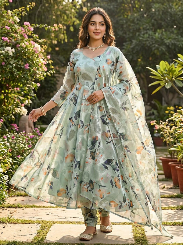 Green Watercolor Floral and Paisley Brasso Digital Printed Fabric - Anarkali Kurta Set Lookbook - BR-0-TA07194-108 - alternate view