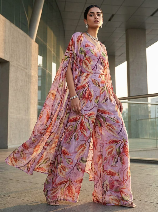 Pink Painterly Autumn Leaves Brasso Digital Printed Fabric - Cape with Palazzo Lookbook - BR-0-TA08302-108 - alternate view