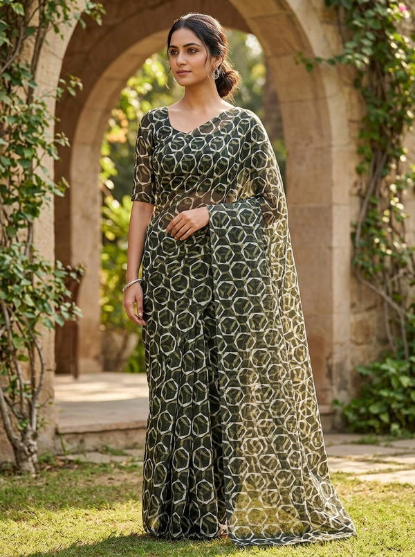 Olive Abstract Geometric Mosaic Chanderi Digital Printed Fabric - Saree Lookbook - CH-0-MA01193-108 - alternate view