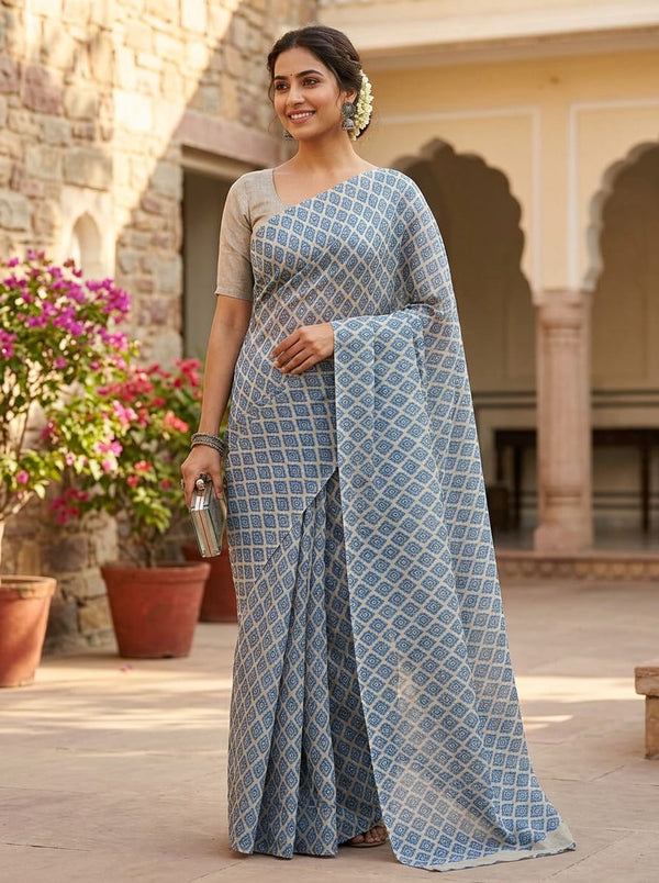 Blue Ethnic Diamond Geometric Pattern Chanderi Digital Printed Fabric - Saree Lookbook - CH-0-MA0954-108 - alternate view