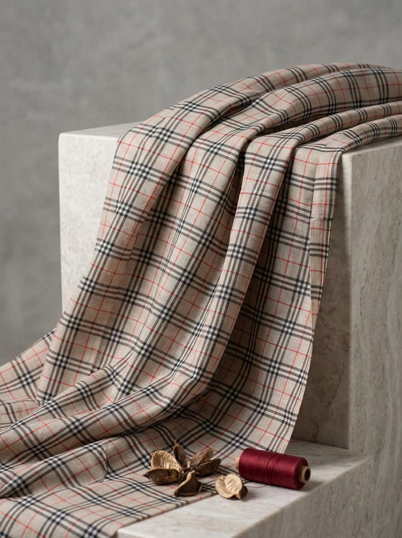 Brown Classic Checkered Plaid Chanderi Digital Printed Fabric