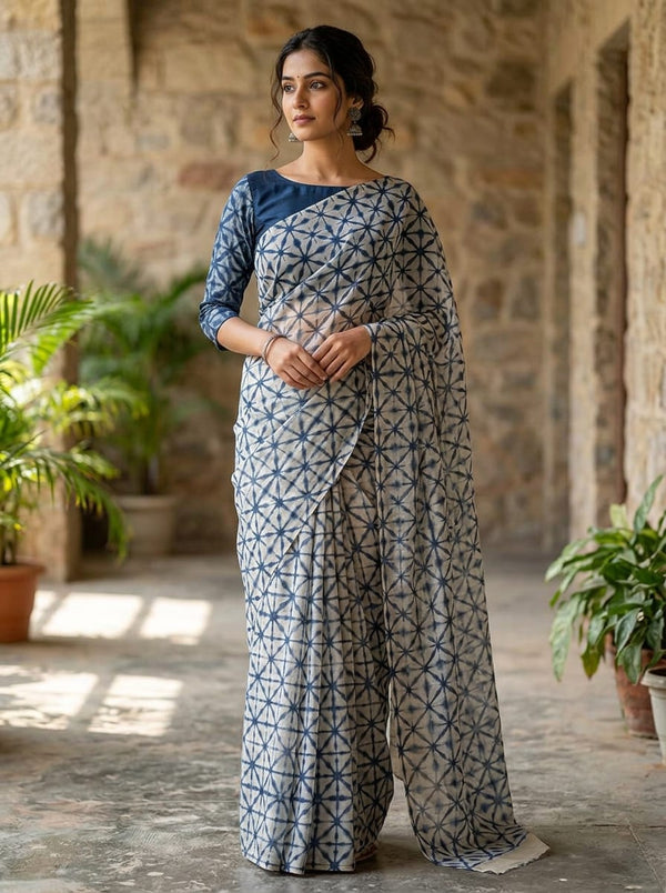 White Geometric Tie-Dye Pattern Chanderi Digital Printed Fabric - Saree Lookbook - CH-0-MA0995-108 - alternate view
