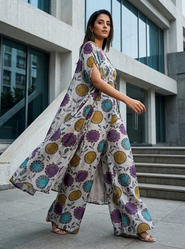 Multicolor Bohemian Block Print Floral Chanderi Digital Printed Fabric - Cape with Palazzo Lookbook - CH-0-TA0149-108 - alternate view