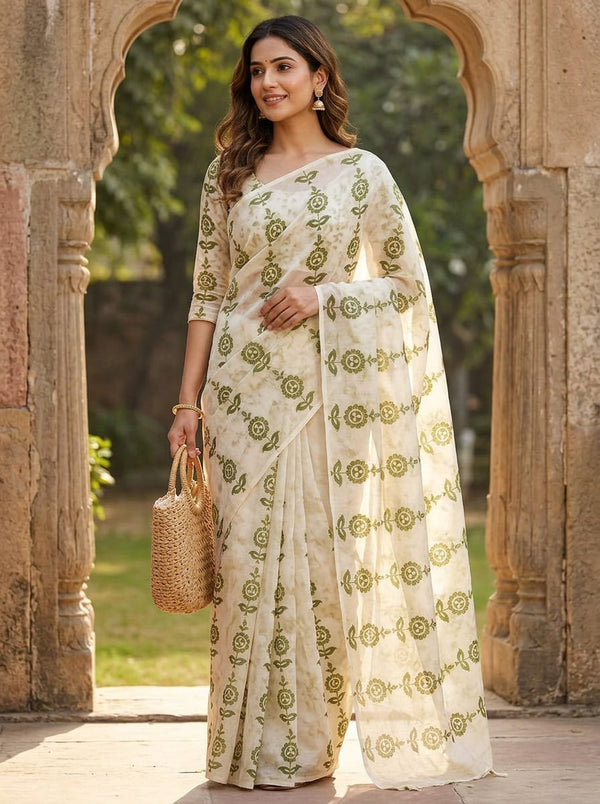 Cream and Green Ethnic Floral Stripe Chanderi Digital Printed Fabric - Saree Lookbook - CH-0-TA0402-108 - alternate view