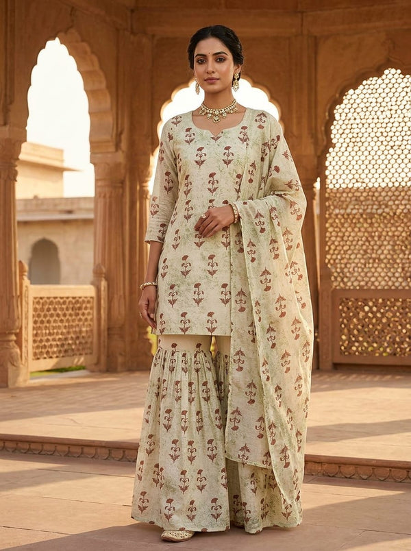 Cream Traditional Ethnic Floral Buti Chanderi Digital Printed Fabric - Gharara Set Lookbook - CH-0-TA0417-108 - alternate view