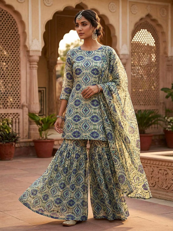 Cream and Blue Ethnic Damask Floral Chanderi Digital Printed Fabric - Gharara Set Lookbook - CH-0-TA05885-108 - alternate view