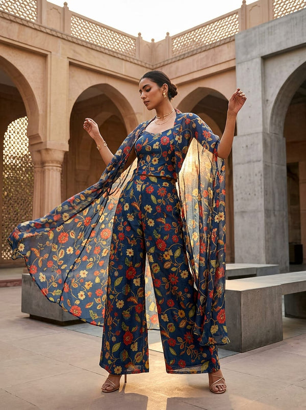 Navy Ethnic Floral Vine Print Chanderi Digital Printed Fabric - Cape with Palazzo Lookbook - CH-0-TA07321-108 - alternate view