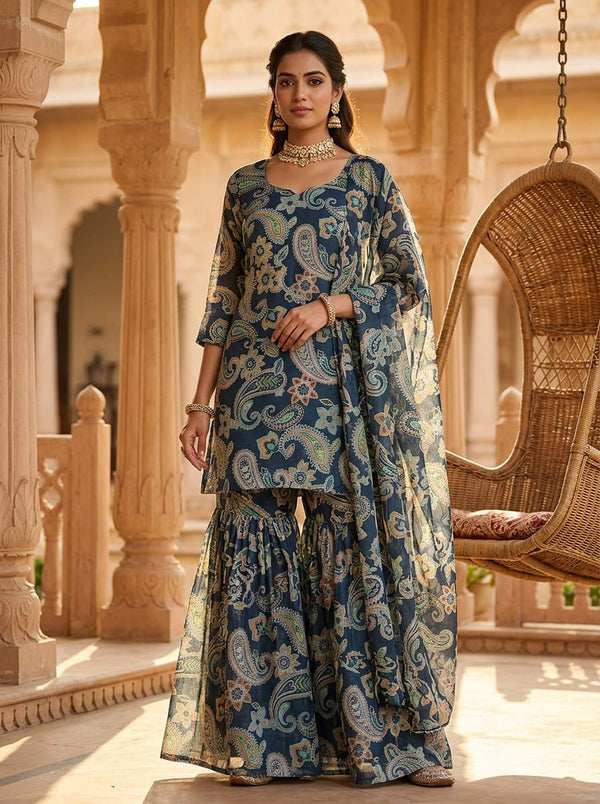 Navy Ethnic Paisley and Floral Chanderi Digital Printed Fabric - Gharara Set Lookbook - CH-0-TA07622-108 - alternate view