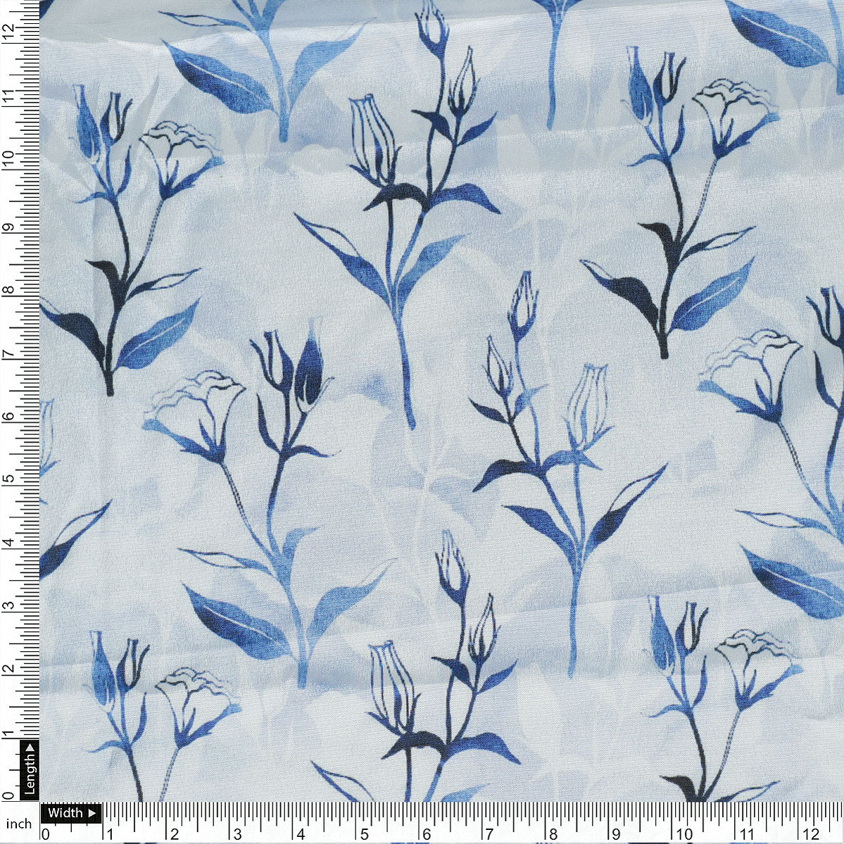 Attractive Blue Bud Water Paint Shadow Digital Printed Fabric - Silk Crepe