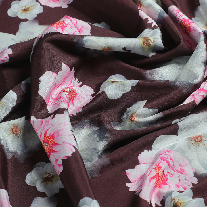 Classy and Attractive Brown Floral Digital Printed Silk Crepe Fabric