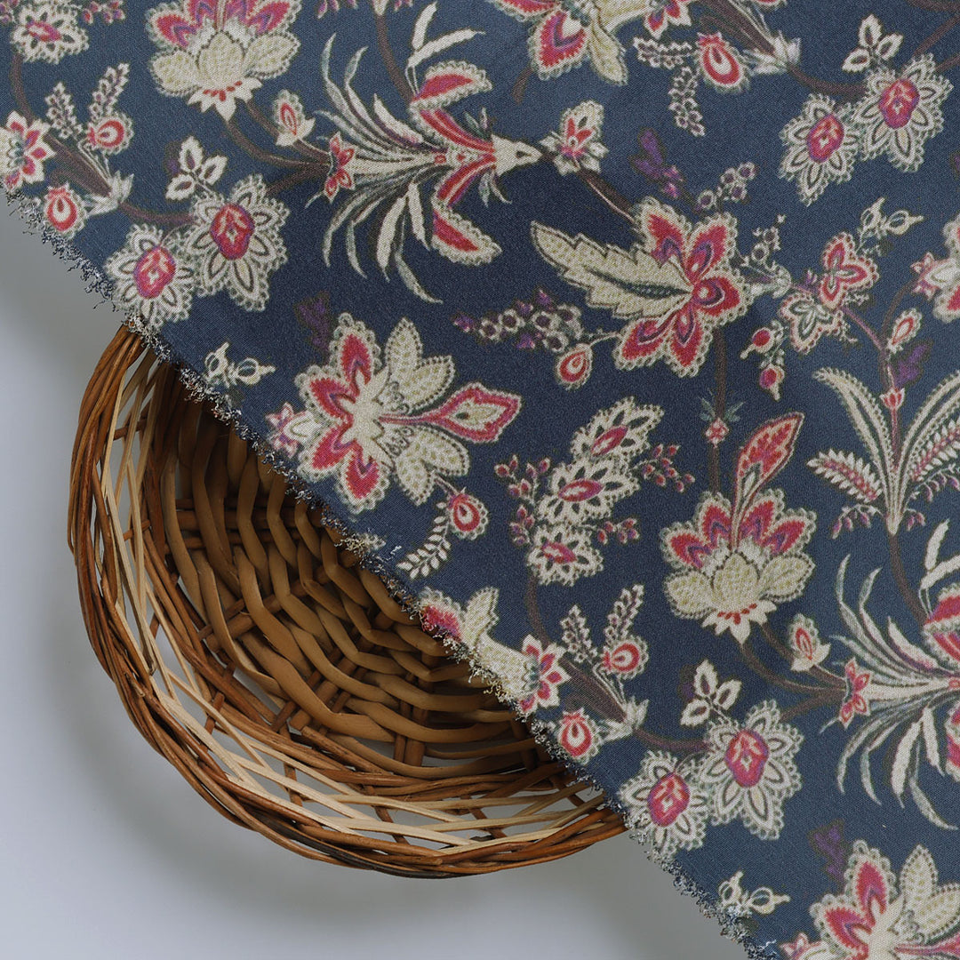 Decorative Jacobean Bluish Digital Printed Fabric - Crepe