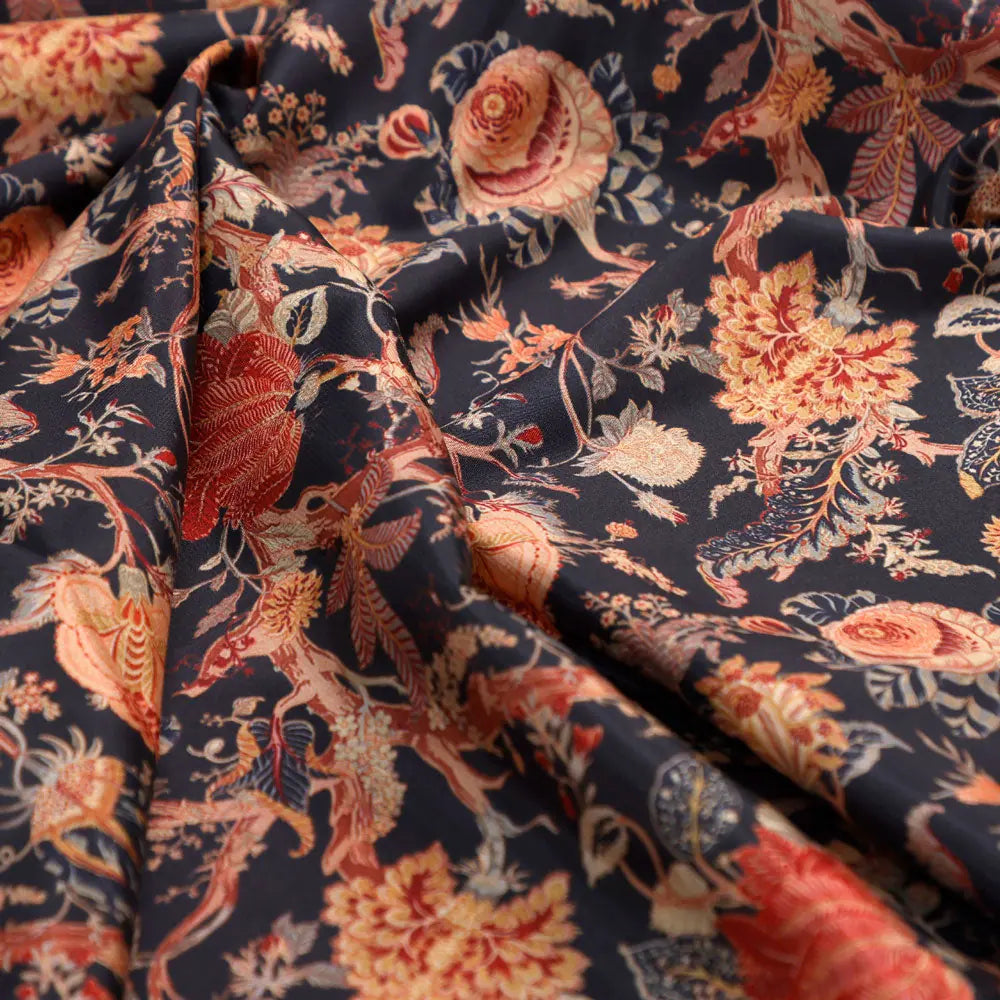 Gorgeous black damask digital printed silk crepe fabric by FAB VOGUE Studio – cr 0 ta08826 110 c