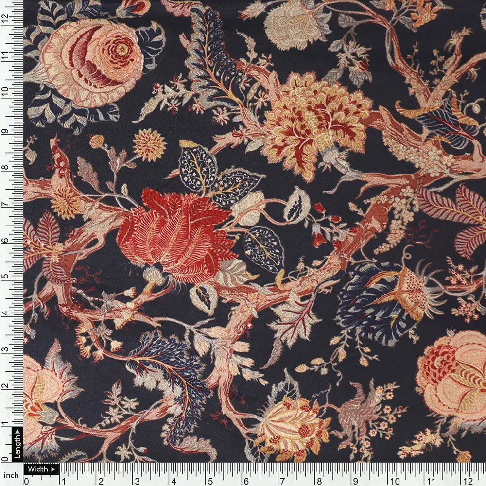 Gorgeous black damask digital printed silk crepe fabric by FAB VOGUE Studio – cr 0 ta08826 110 d