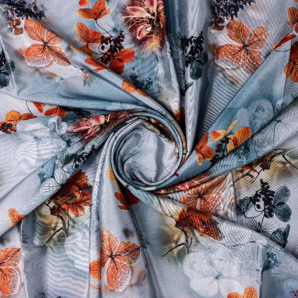 Golden Periwinkle With Gray Floral Digital Printed Fabric - Silk Crepe – cr 0 ta09548f 110 a