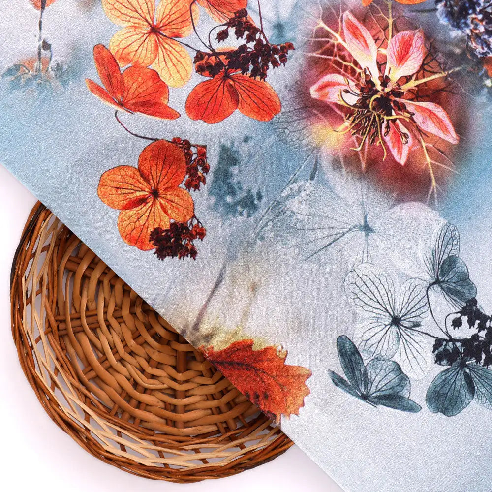 Golden Periwinkle With Gray Floral Digital Printed Fabric - Silk Crepe – cr 0 ta09548f 110 b