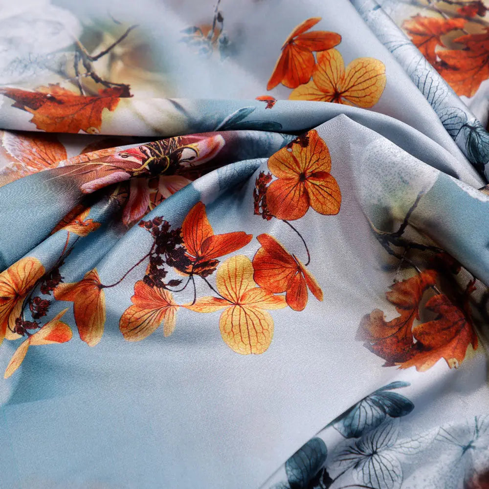 Golden Periwinkle With Gray Floral Digital Printed Fabric - Silk Crepe – cr 0 ta09548f 110 c