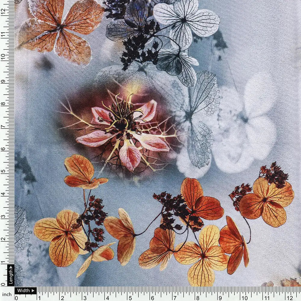 Golden Periwinkle With Gray Floral Digital Printed Fabric - Silk Crepe – cr 0 ta09548f 110 d