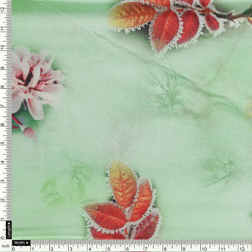 Beautiful Pink Floral With Red Leaves Digital Printed Fabric - Silk Crepe – cr 0 ta09556c 110 a