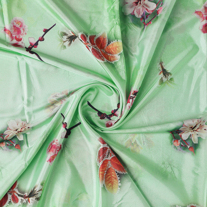 Beautiful Pink Floral With Red Leaves Digital Printed Fabric - Silk Crepe