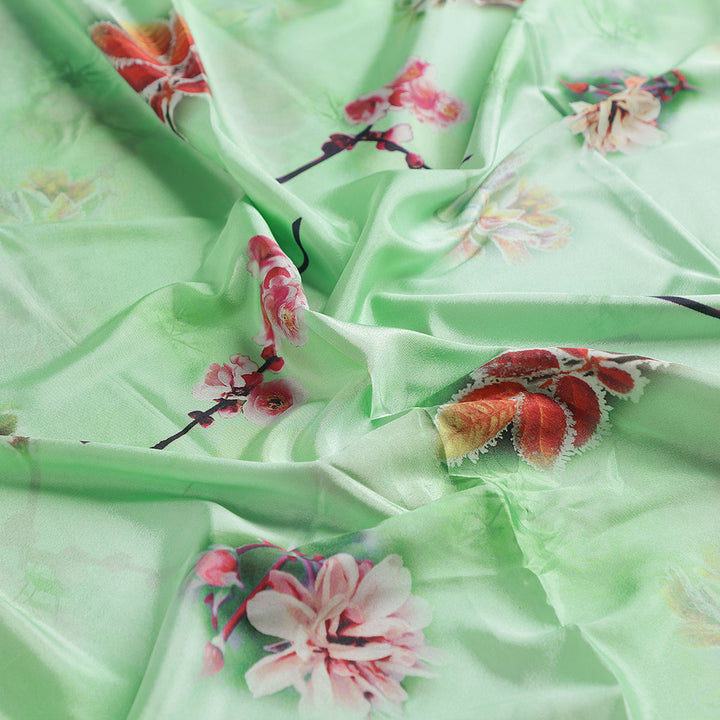 Beautiful Pink Floral With Red Leaves Digital Printed Fabric - Silk Crepe