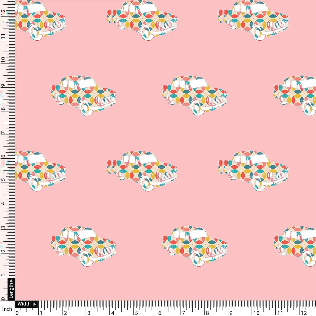 Pink Muslin Digital Printed Kids Fabric with Car Prints – car1