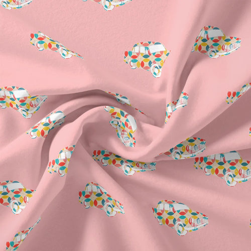 Pink Muslin Digital Printed Kids Fabric with Car Prints – car3