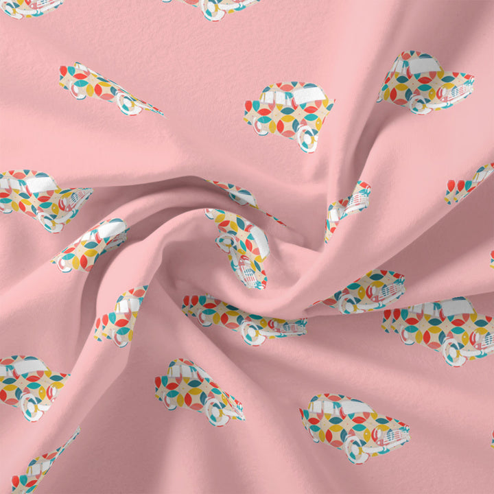 Pink Muslin Digital Printed Kids Fabric with Car Prints