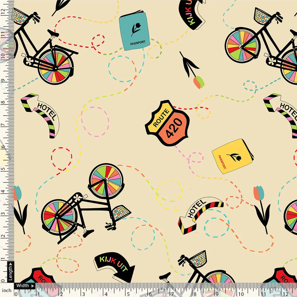 Cream Cycle Prints Muslin Fabric for Kids