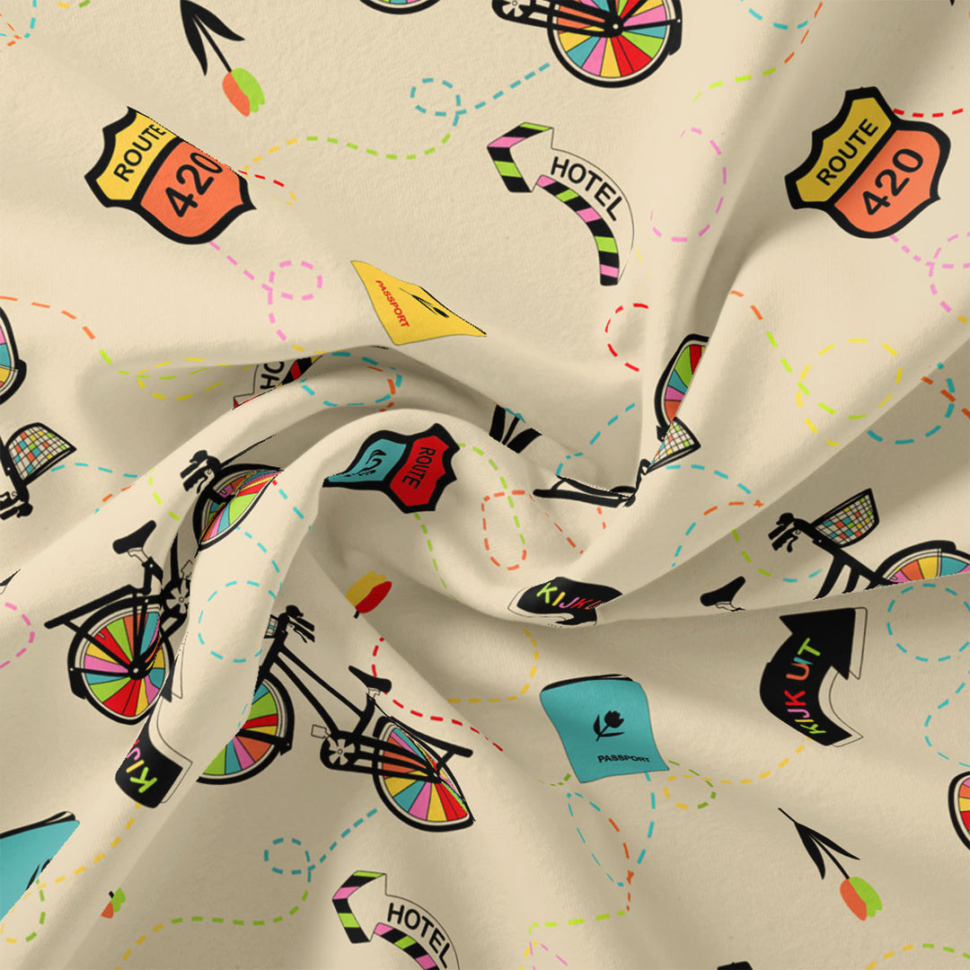 Cream Cycle Prints Muslin Fabric for Kids