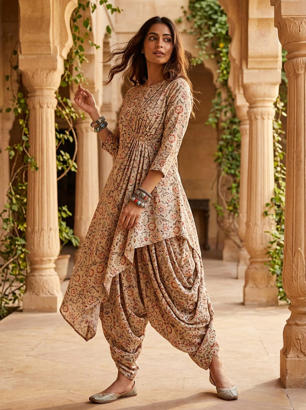 Cream Ditsy Ethnic Floral and Paisley Premium Quality Digital Printed Fabric - Asymmetric Tunic with Dhoti Pants Lookbook - DPQ-0-AA780-145 - alternate view