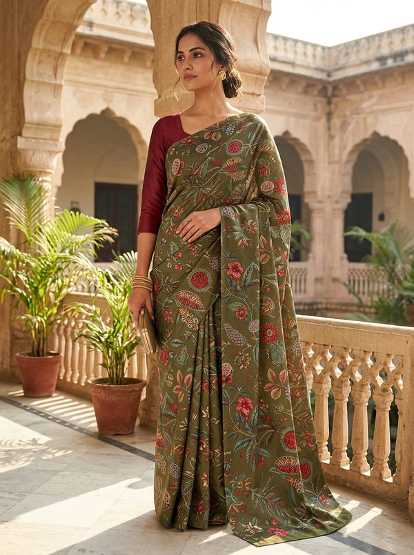 Olive Vintage Botanical Fruit and Floral Dola Silk Digital Printed Fabric - Saree Lookbook - DS-0-AA782-110 - alternate view