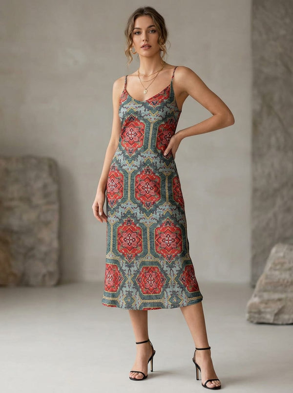 Multicolor Ethnic Kilim Geometric Pattern Dola Silk Digital Printed Fabric - Slip Dress Lookbook - DS-0-AA785-110 - alternate view