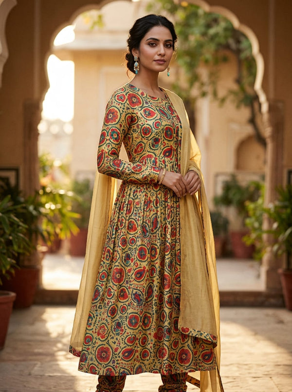 Yellow Ethnic Paisley and Floral Motif Dola Silk Digital Printed Fabric - Anarkali Kurta Set Lookbook - DS-0-AA792-110 - alternate view