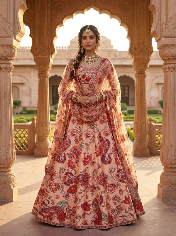 Peach Ethnic Floral and Paisley Dola Silk Digital Printed Fabric - Lehenga Choli Lookbook - DS-0-AA797-110 - alternate view