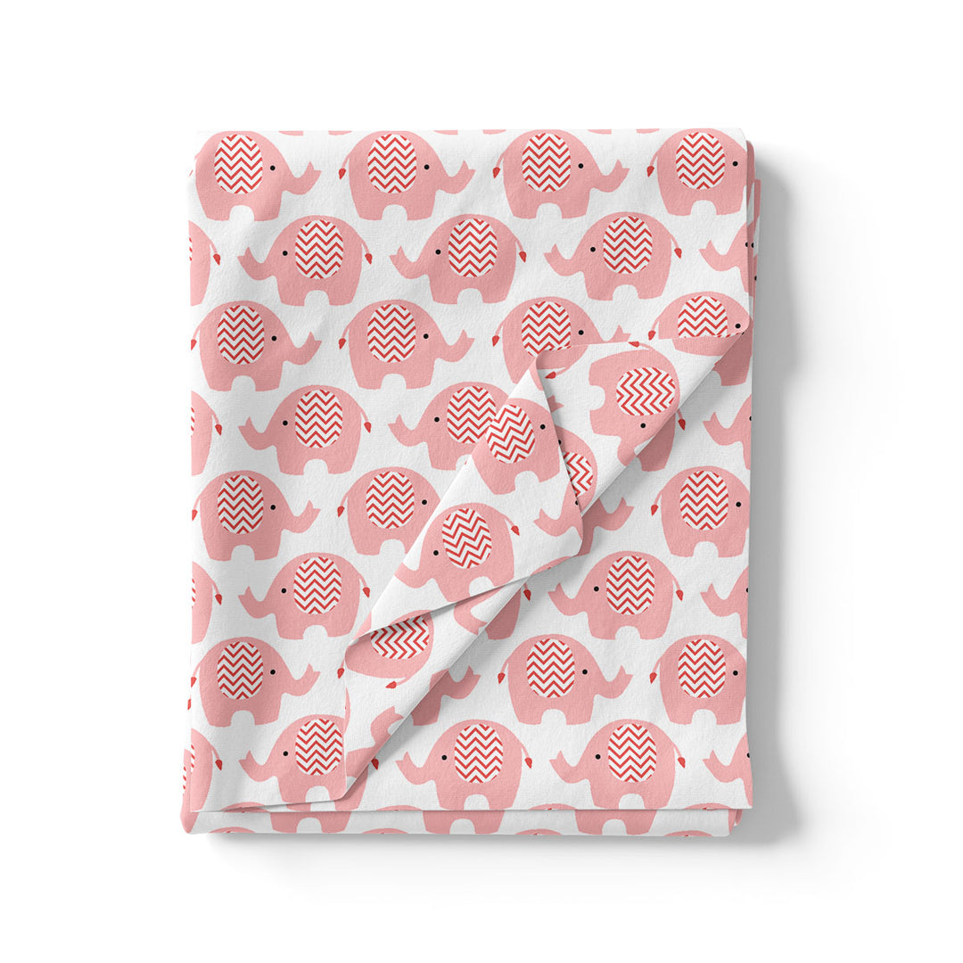Pink and White Muslin Printed Fabric with Quirky Elephant Prints for Kids