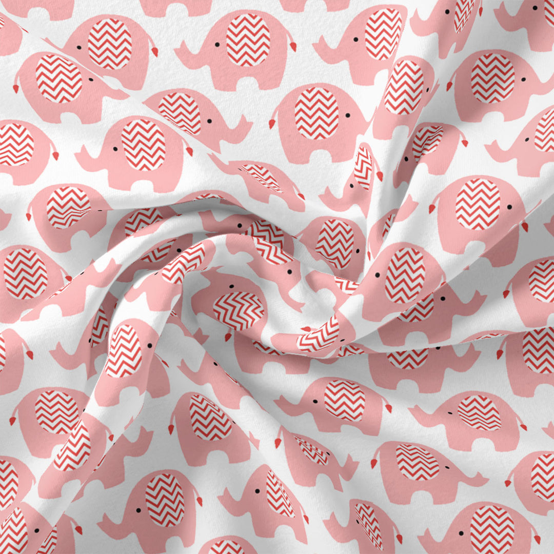 Pink and White Muslin Printed Fabric with Quirky Elephant Prints for Kids