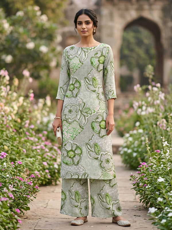 Green Artistic Sketchy Floral French Crepe Digital Printed Fabric - Straight Kurta with Palazzo Lookbook - FC-0-AA811-110 - alternate view
