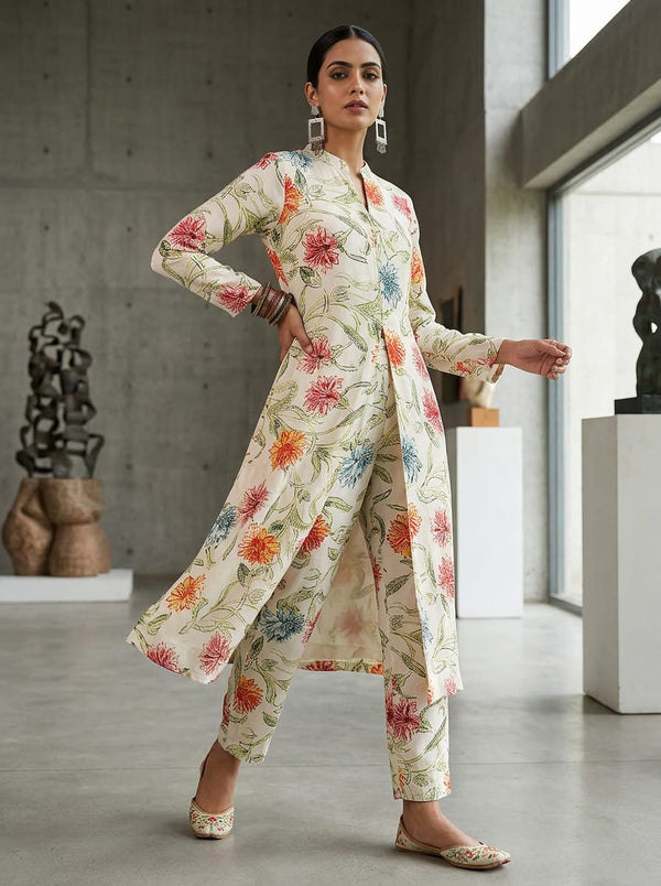 Multicolor Watercolor Floral Vine French Crepe Digital Printed Fabric - Jacket Kurta with Straight Pants Lookbook - FC-0-AA815-110 - alternate view