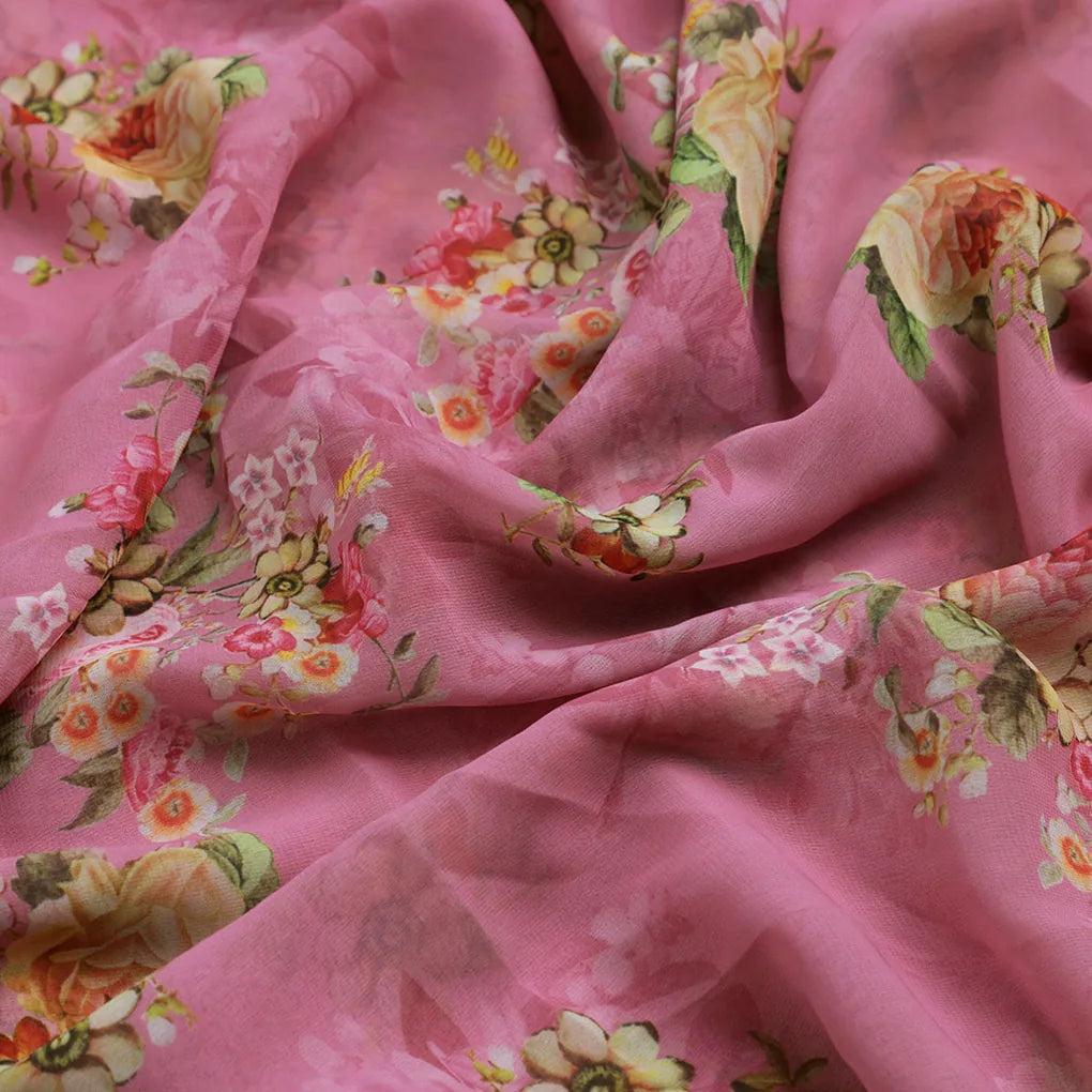 Gorgeous pink floral digital printed weightless fabric from FAB VOGUE Studio – fvs 695 c
