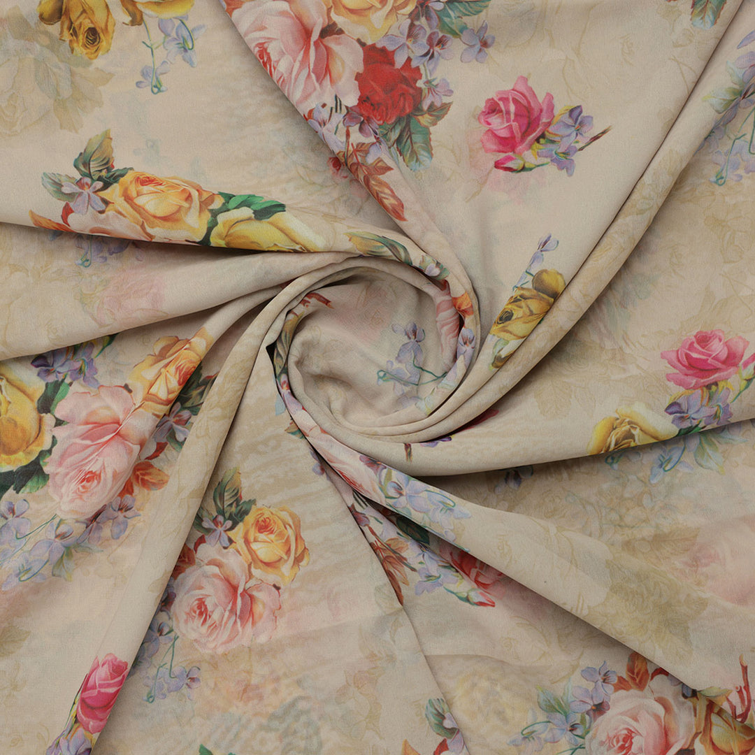 Classy and elegant floral print digital printed fabric in cream by FAB VOGUE Studio