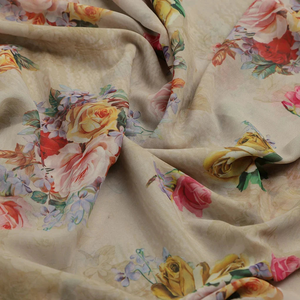 Classy and elegant floral print digital printed fabric in cream by FAB VOGUE Studio – fvs 700 c