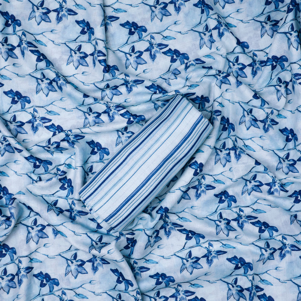 Blue Linen Printed Unstitched Fabric Set (2.5 Meters Each Design)