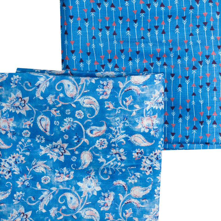 Blue Linen Printed Unstitched Fabric Set (5 Meter Set)