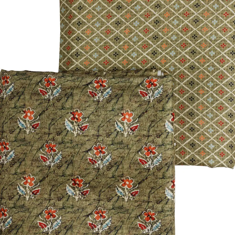Green Linen Printed Unstitched Fabric Set (5 Meter Set) – fvs202358 a