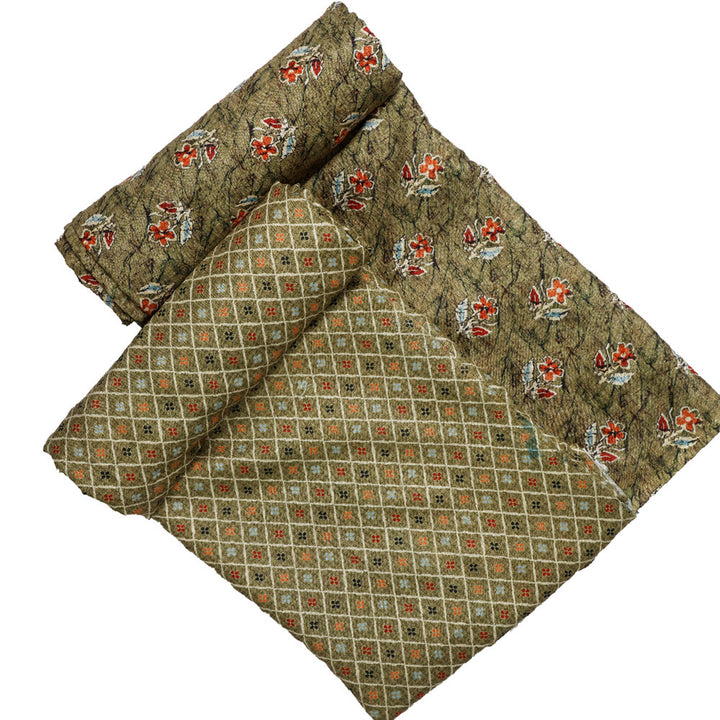 Green Linen Printed Unstitched Fabric Set (5 Meter Set)
