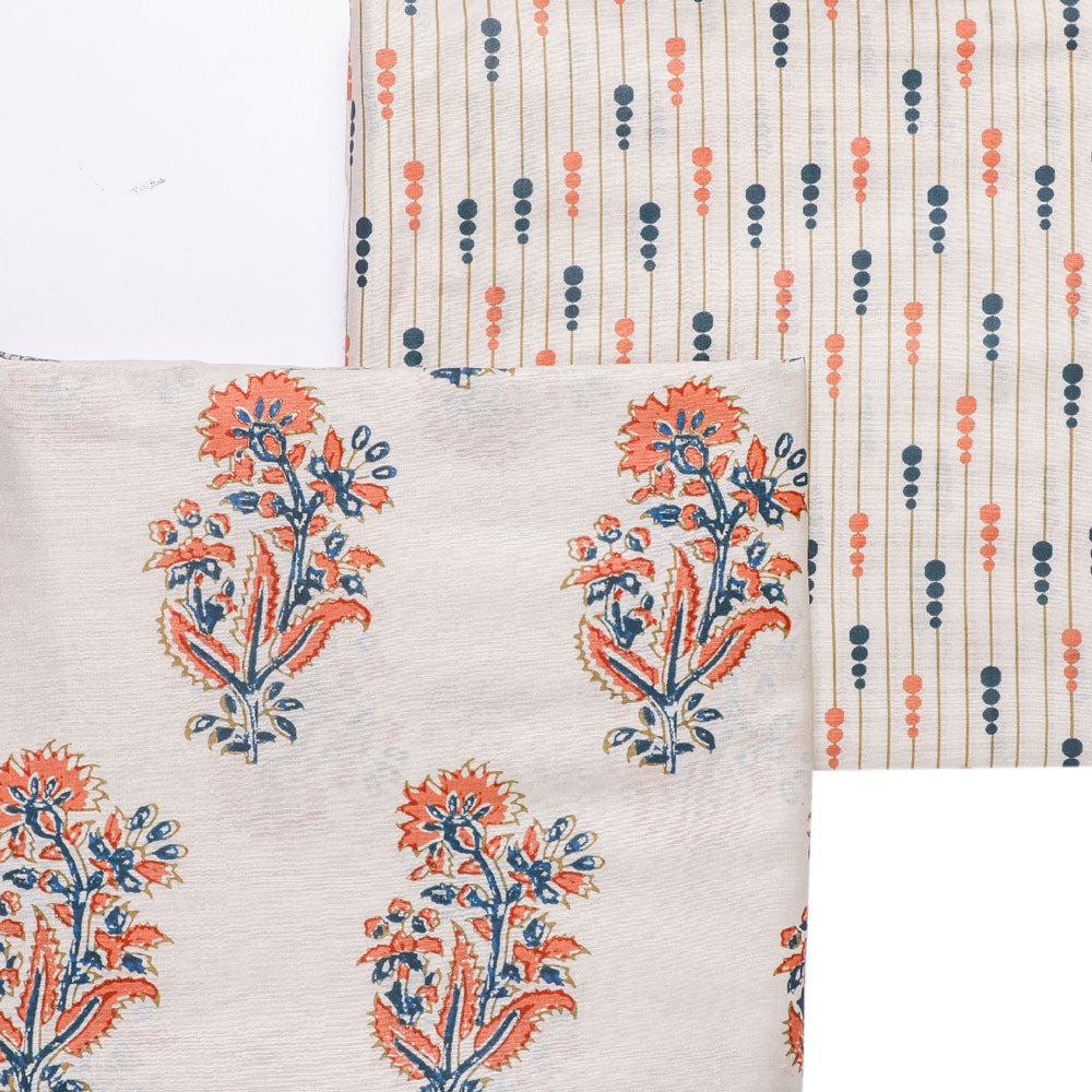 Cream Mul Cotton Printed Unstitched Fabric Set (5 Meter Set)