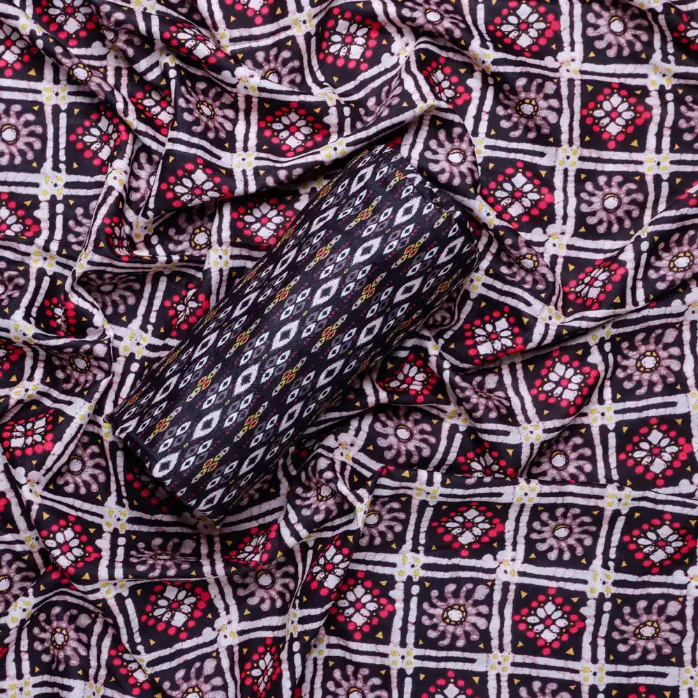 Black Mul Cotton Printed Unstitched Fabric Set (5 Meter Set) – fvs202381 c