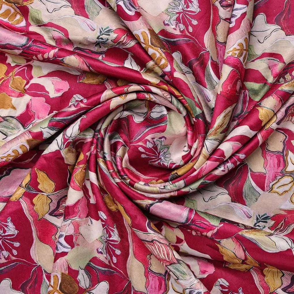 Red Floral Printed Satin Fabric – 8302copy