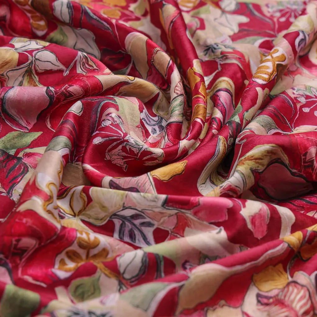 Red Floral Printed Satin Fabric – 8303copy