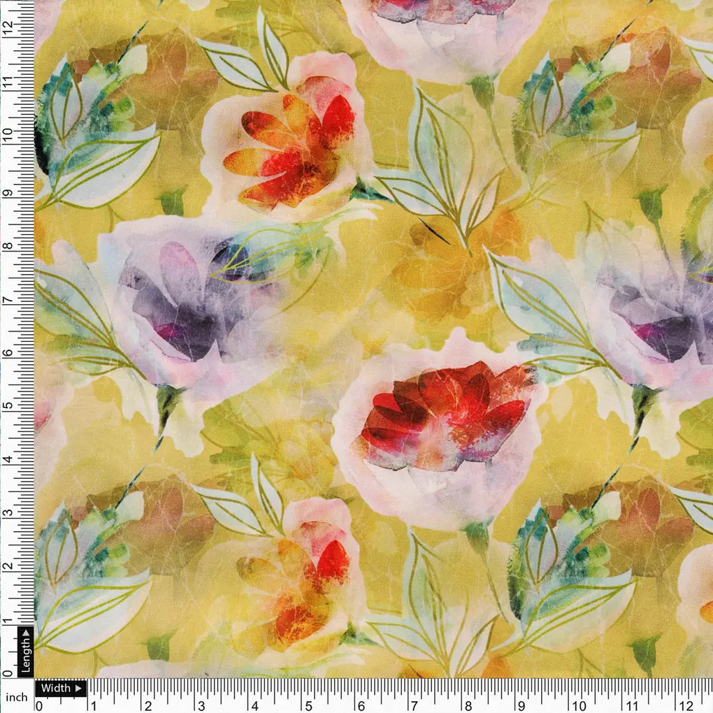 Yellow Watercolor Floral Printed Satin Fabric – 8351copy